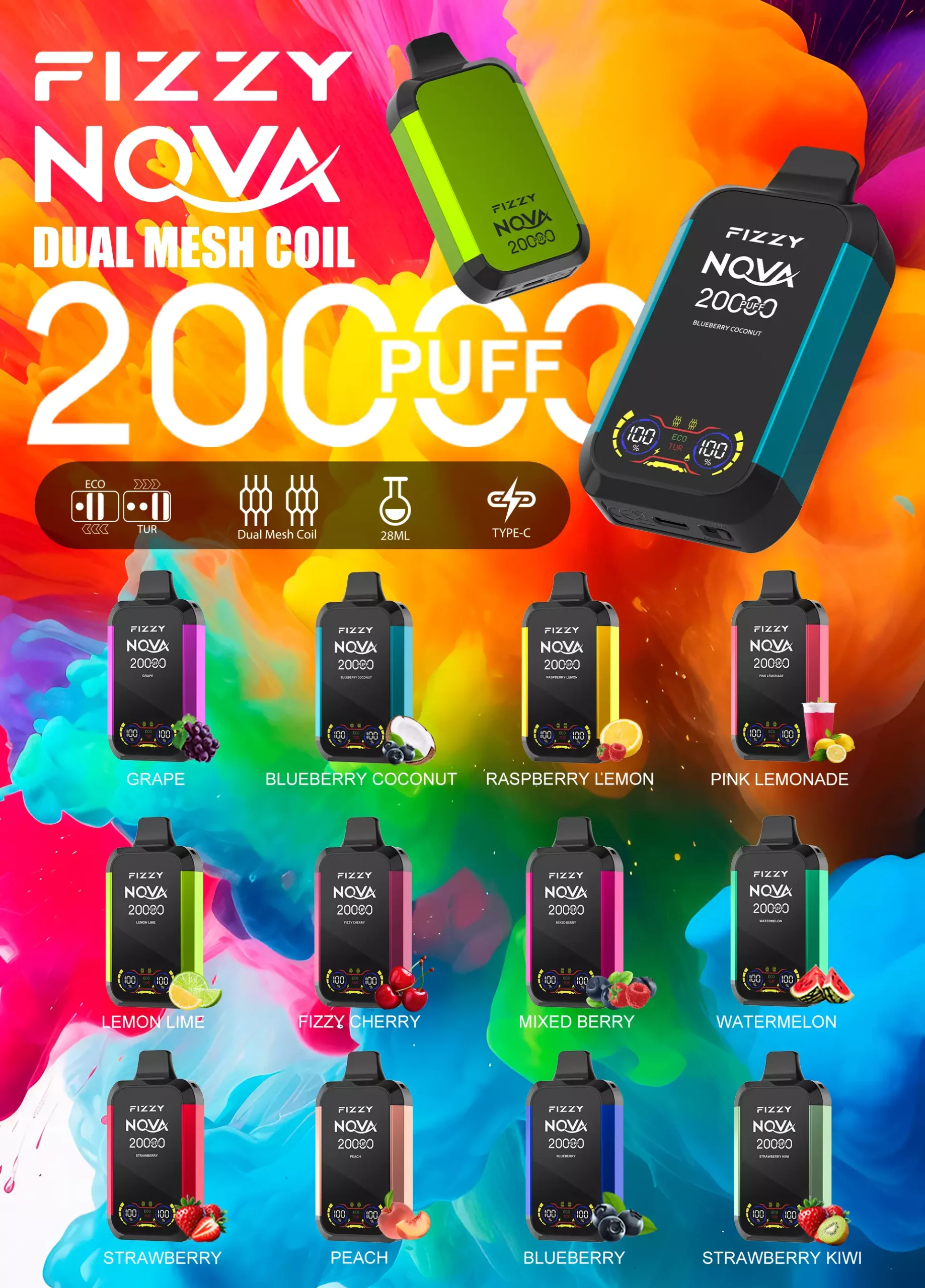 Fizzy Nova 20000 Puffs Dual Mesh 2% 5% Low Nicotine Rechargeable Disposable Vapes Pen Bulk Buy Wholesale