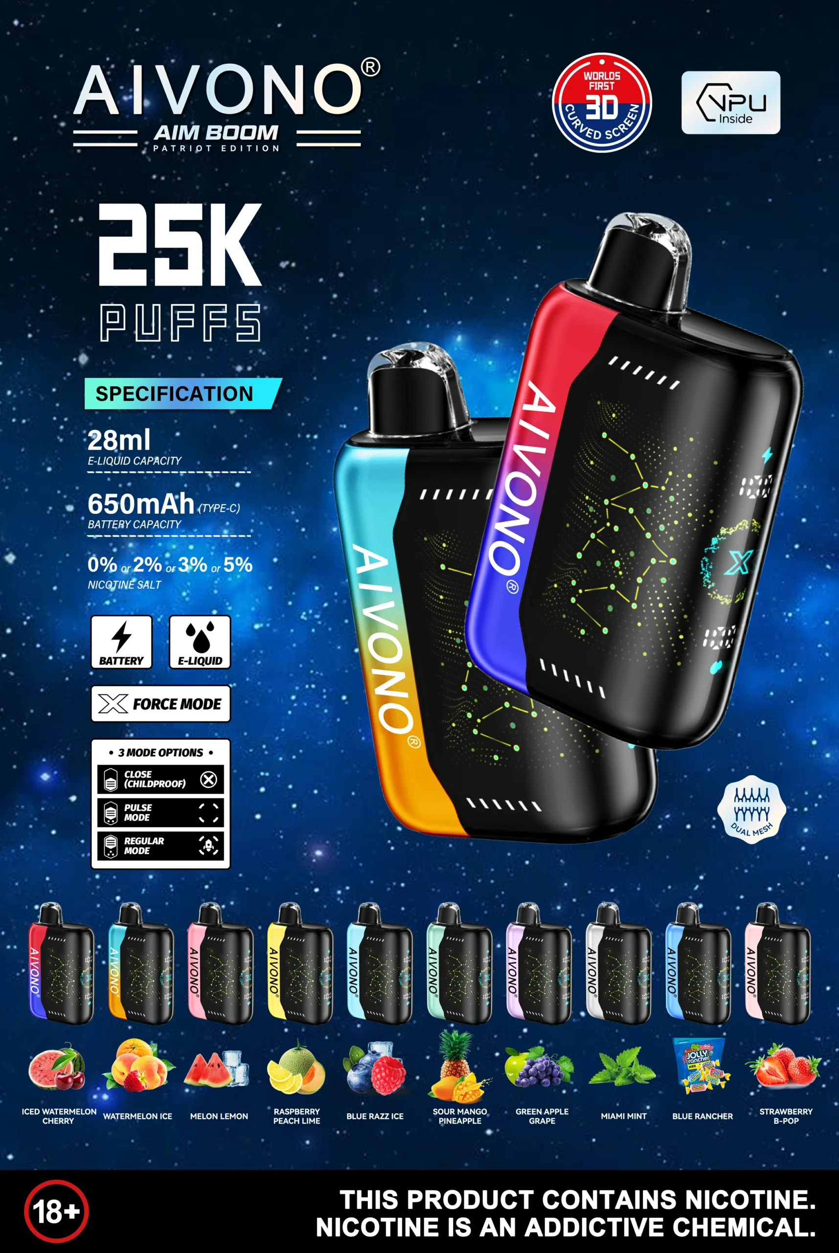 AIVONO AIM BOOM 25000 Puffs Dual Mesh Digital Screen 0% 2% 3% 5% Low Nicotine Rechargeable Disposable Vapes Pen Bulk Comprar al por mayor
